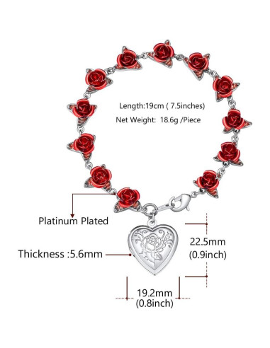 Pulsera de Enlace Rosa Roja U7 con Locket para Mujeres 19cm