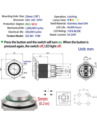 Interruptor Pulsador 22mm ZJWZJH IP67 Acero Inoxidable LED Amarillo