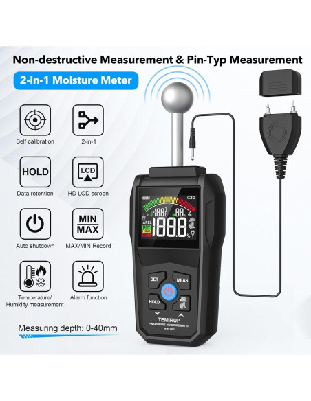 Medidor de Humedad TEMIRUP WM700D con Pantalla LCD y Alarma Medidor de Humedad TEMIRUP WM700D con Pantalla LCD y Alarma