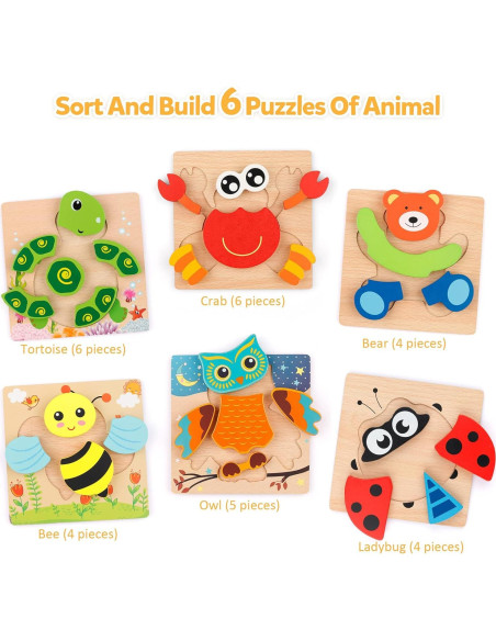 Juego de Rompecabezas de Madera Coogam - 6 Animales Montessori Juego de Rompecabezas de Madera Coogam - 6 Animales Montessori