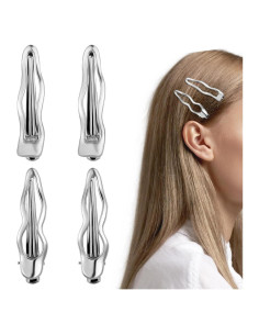 4 Clips de Pelo de Metal Plateado en Onda Teaaha - 6x1.6cm