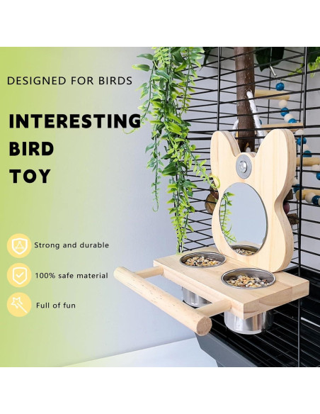 Perchero para Aves Hamiledyi con Espejo y Tazas de Acero Inoxidable Perchero para Aves Hamiledyi con Espejo y Tazas de Acero Inoxidable