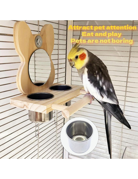 Perchero para Aves Hamiledyi con Espejo y Tazas de Acero Inoxidable Perchero para Aves Hamiledyi con Espejo y Tazas de Acero Inoxidable
