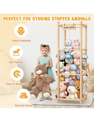 Organizador de Animales de Peluche Woodure - Madera, 39.9x39.9x135.9 cm