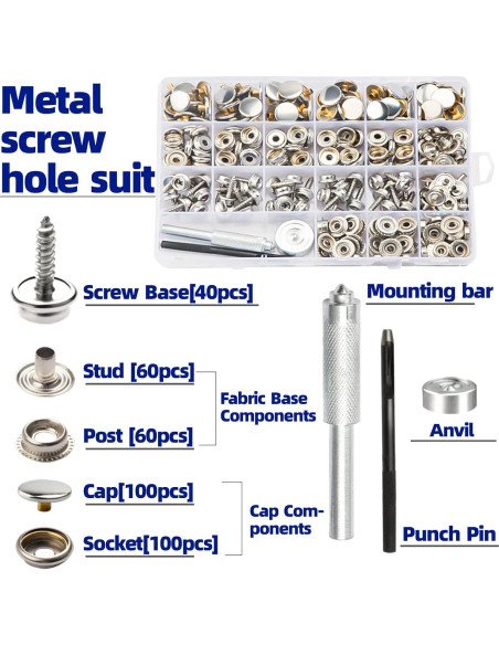 BIOUU Kit de Botones de Lona 363 Piezas Acero Inoxidable BIOUU Kit de Botones de Lona 363 Piezas Acero Inoxidable