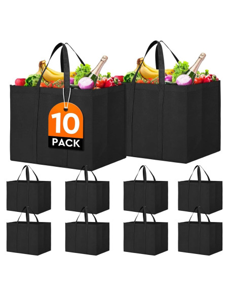 Bolsas de Compras Reutilizables WISELIFE 10 Piezas Grandes Negras Bolsas de Compras Reutilizables WISELIFE 10 Piezas Grandes Negras