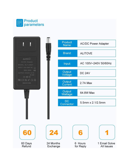 Fuente de Poder ALITOVE 24V 2.7A 65W Adaptador AC a DC Fuente de Poder ALITOVE 24V 2.7A 65W Adaptador AC a DC