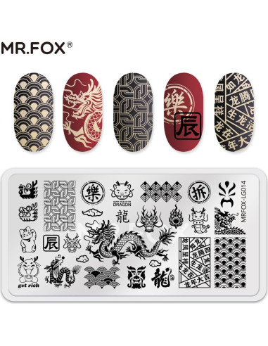 Juego de 6 Placas de Uñas Estampadas Dragón Chino 12x6cm