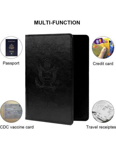 Portapasaportes de Cuero Negro para Hombre con Ranura para Vacuna