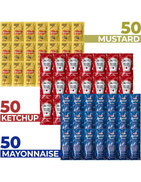 Paquete de Condimentos para Llevar - 150 Paquetes Ketchup, Mostaza y Mayonesa Paquete de Condimentos para Llevar - 150 Paquetes Ketchup, Mostaza y Mayonesa