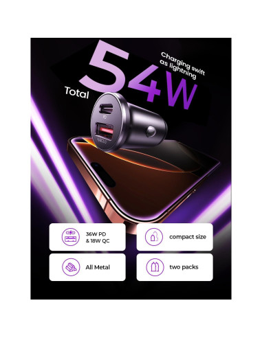 Cargador de Automóvil LISEN 54W USB C Doble Rápido Negro