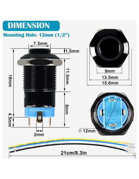 Interruptor de Botón de Presión DMWD 12mm Azul 12V-24V 2pcs Interruptor de Botón de Presión DMWD 12mm Azul 12V-24V 2pcs