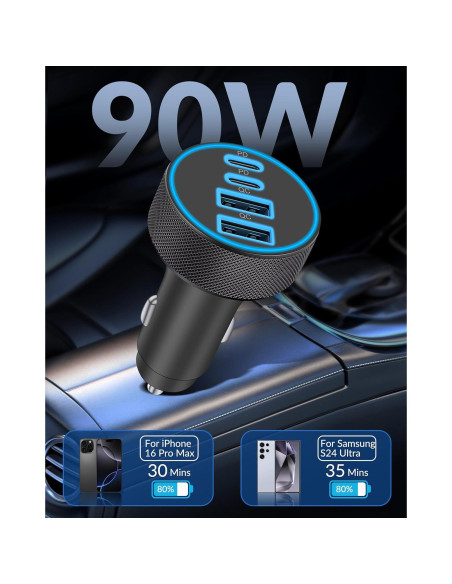 Cargador de Coche USB C 90W 4 Puertos Rápida Heyuan Cargador de Coche USB C 90W 4 Puertos Rápida Heyuan