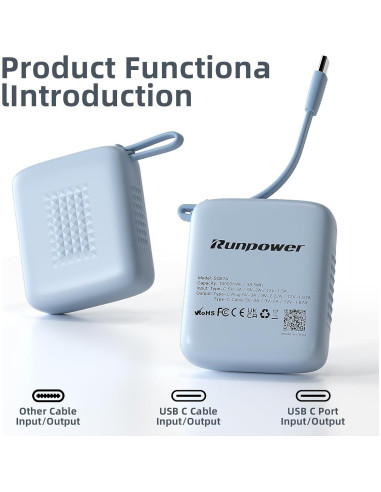 Cargador Portátil Runpower 10000mAh 22.5W Azul con Cable