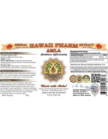 Extracto Líquido de Amla Orgánica HawaiiPharm 60 ml Extracto Líquido de Amla Orgánica HawaiiPharm 60 ml