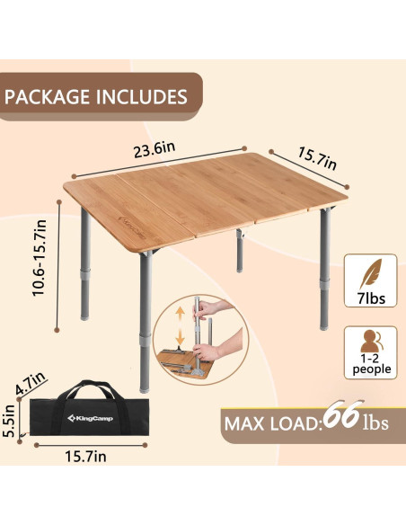 Mesa Plegable KingCamp de Bambú Ajustable Amarillo 3 Alturas Mesa Plegable KingCamp de Bambú Ajustable Amarillo 3 Alturas