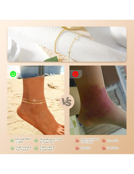 Conjunto de Pulseras de Tobillo Doradas para Mujeres - Plata Esterlina S925, Ajustables Conjunto de Pulseras de Tobillo Doradas para Mujeres - Plata Esterlina S925, Ajustables