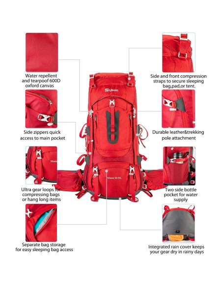 Mochila de Senderismo Ubon 60L Impermeable con Funda Mochila de Senderismo Ubon 60L Impermeable con Funda