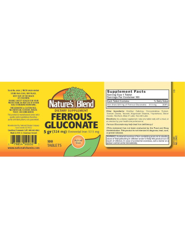 Tabletas de Gluconato Ferroso Nature's Blend 100 Unidades 36 mg