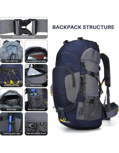 Mochila Impermeable ShowyLive 60L para Senderismo Azul