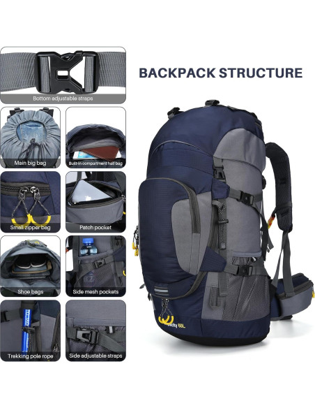 Mochila Impermeable ShowyLive 60L para Senderismo Azul Mochila Impermeable ShowyLive 60L para Senderismo Azul