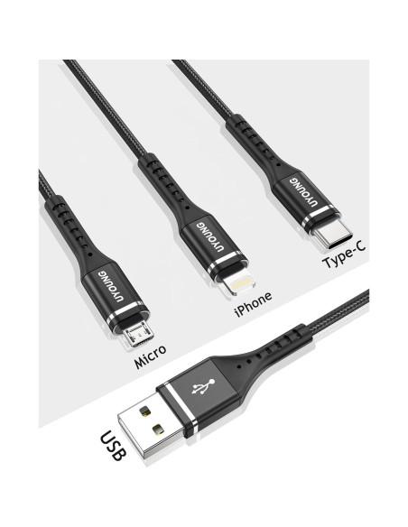Cable de Carga 3 en 1 UYOUNG 1 Pie Trenzado Negro Cable de Carga 3 en 1 UYOUNG 1 Pie Trenzado Negro
