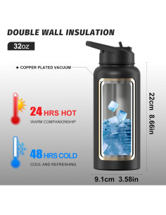 Botella de Agua Aislada 32oz WATERSY Acero Inoxidable Negro 2