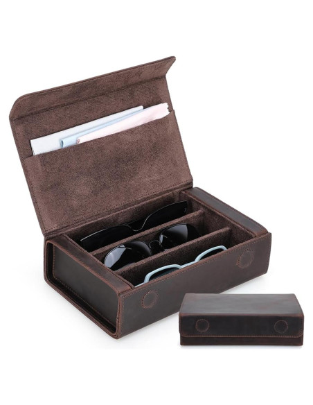 Estuche de Gafas de Sol de Cuero Genuino Café 3 Ranuras Estuche de Gafas de Sol de Cuero Genuino Café 3 Ranuras