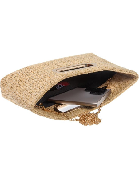 Clutch de Paja Beige con Asa de Cadena Desmontable Clutch de Paja Beige con Asa de Cadena Desmontable