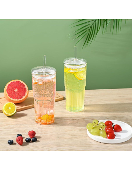 Vaso de Vidrio Reutilizable MINGHYZYA 20 oz con Tapa y Pajita Vaso de Vidrio Reutilizable MINGHYZYA 20 oz con Tapa y Pajita