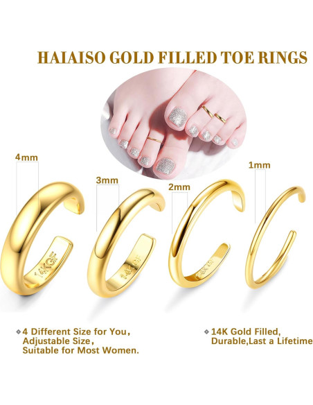 Anillos para dedos del pie de oro 14K HAIAISO ajustables 1-3mm Anillos para dedos del pie de oro 14K HAIAISO ajustables 1-3mm