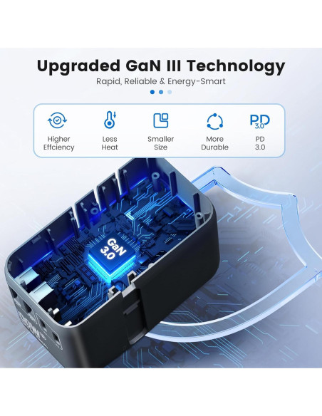 Adaptador de Viaje Universal 100W GaN Negro con 4 Puertos USB Adaptador de Viaje Universal 100W GaN Negro con 4 Puertos USB
