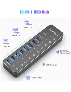 Hub USB 3.2 Alimentado RSHTECH 10 Puertos 60W 10Gbps 2