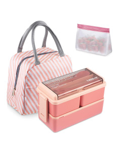 Caja Bento NatraProw Rosa 1400ml con Bolsa y Utensilios