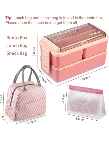 Caja Bento NatraProw Rosa 1400ml con Bolsa y Utensilios