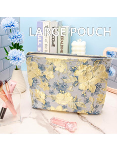 Bolsa de Maquillaje Grande PAZIMIIK Algodón Azul Brocado 25.4x17.8cm 2