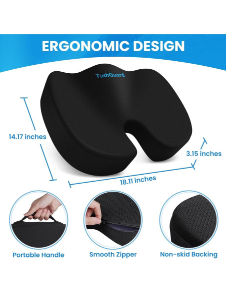 Cojín de Asiento TushGuard Espuma Viscoelástica Negro Grande Cojín de Asiento TushGuard Espuma Viscoelástica Negro Grande