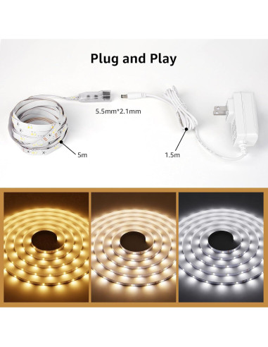 Tira de Luz LED Lepro 5m Regulable Blanco Ajustable 300 LEDs
