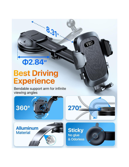 Soporte de Teléfono para Auto YRU 2025 Negro Ajustable 360 Soporte de Teléfono para Auto YRU 2025 Negro Ajustable 360