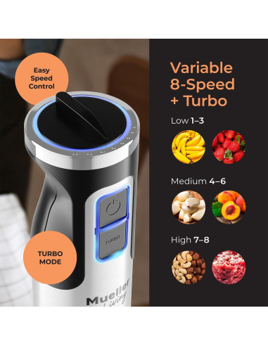 Batidora de Inmersión Mueller 3 en 1 Acero Inoxidable 8 Velocidades