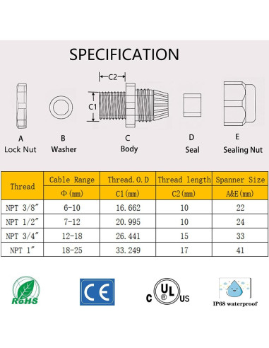 Cable Gland Otdorpatio 10 Pack NPT 12mm IP68 Impermeable