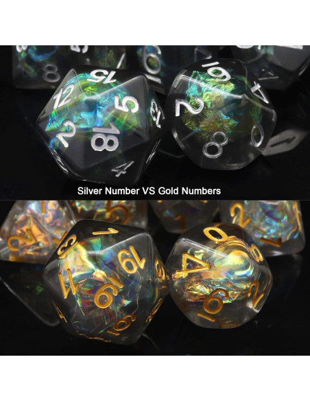 Juego de Dados DND Haxtec Negro 7PCS con Inclusión Iridiscente Juego de Dados DND Haxtec Negro 7PCS con Inclusión Iridiscente