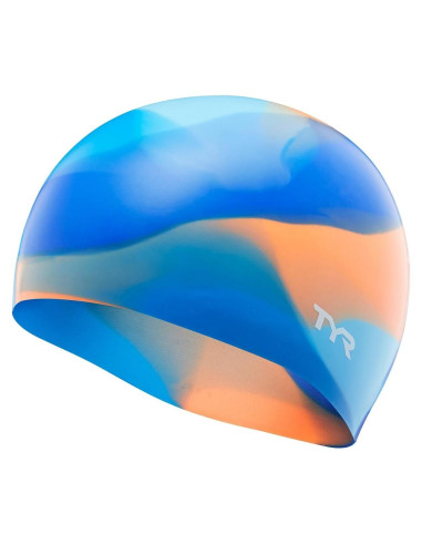 Gorro de natación juvenil TYR de silicona azul/naranja