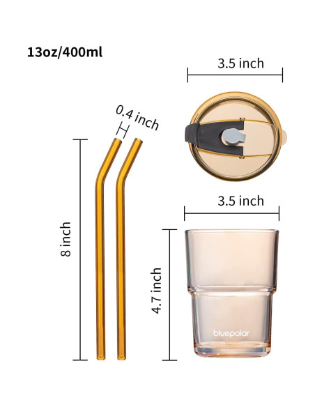 Taza de vidrio BLUEPOLAR 400ml con popote y tapa a prueba de fugas Taza de vidrio BLUEPOLAR 400ml con popote y tapa a prueba de fugas