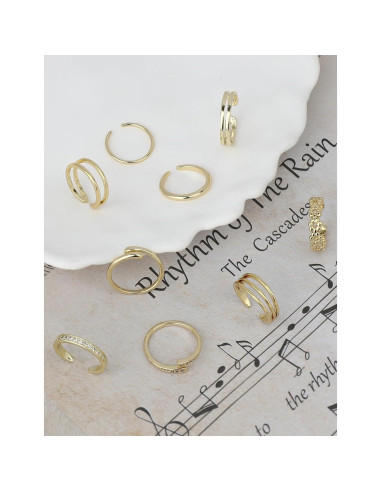 9 Anillos Ajustables de Oro Lleno 14K para Mujeres - Joyería