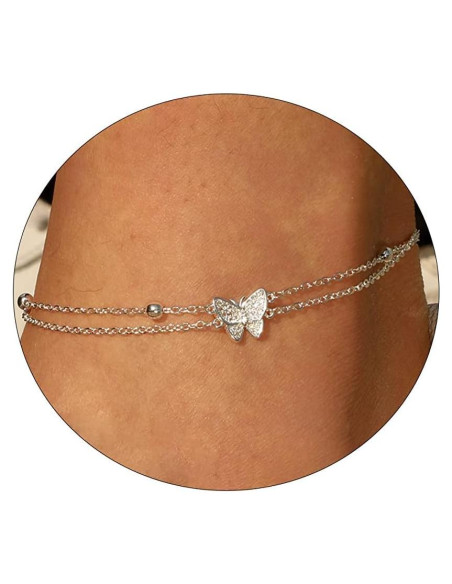 Pulsera de Tobillo Feskive 2 Capas Cuentas Mariposa Plata Pulsera de Tobillo Feskive 2 Capas Cuentas Mariposa Plata