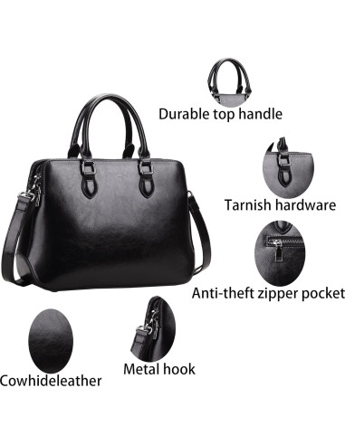 Bolso Tote de Cuero Genuino HESHE Negro 1.25 kg 3 Compartimentos