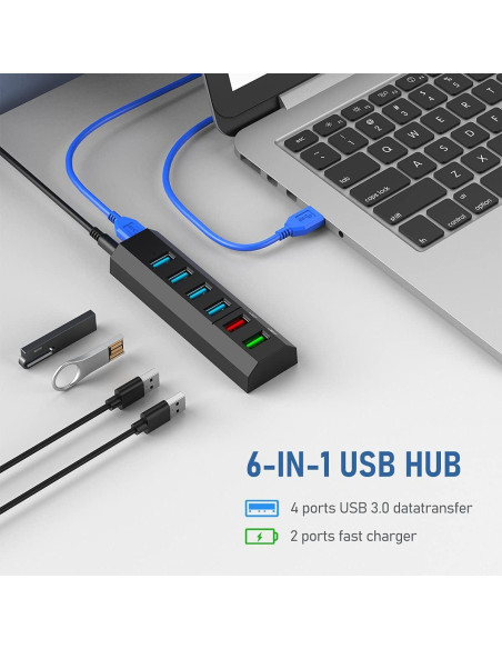 Hub USB Aiibe 6 Puertos 3.0 Alta Velocidad Carga Rápida Hub USB Aiibe 6 Puertos 3.0 Alta Velocidad Carga Rápida