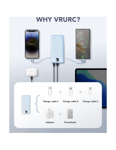 Cargador Portátil VRURC 10000mAh USB C con Enchufe AC