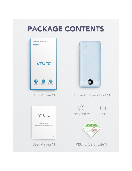 Cargador Portátil VRURC 10000mAh USB C con Enchufe AC Cargador Portátil VRURC 10000mAh USB C con Enchufe AC